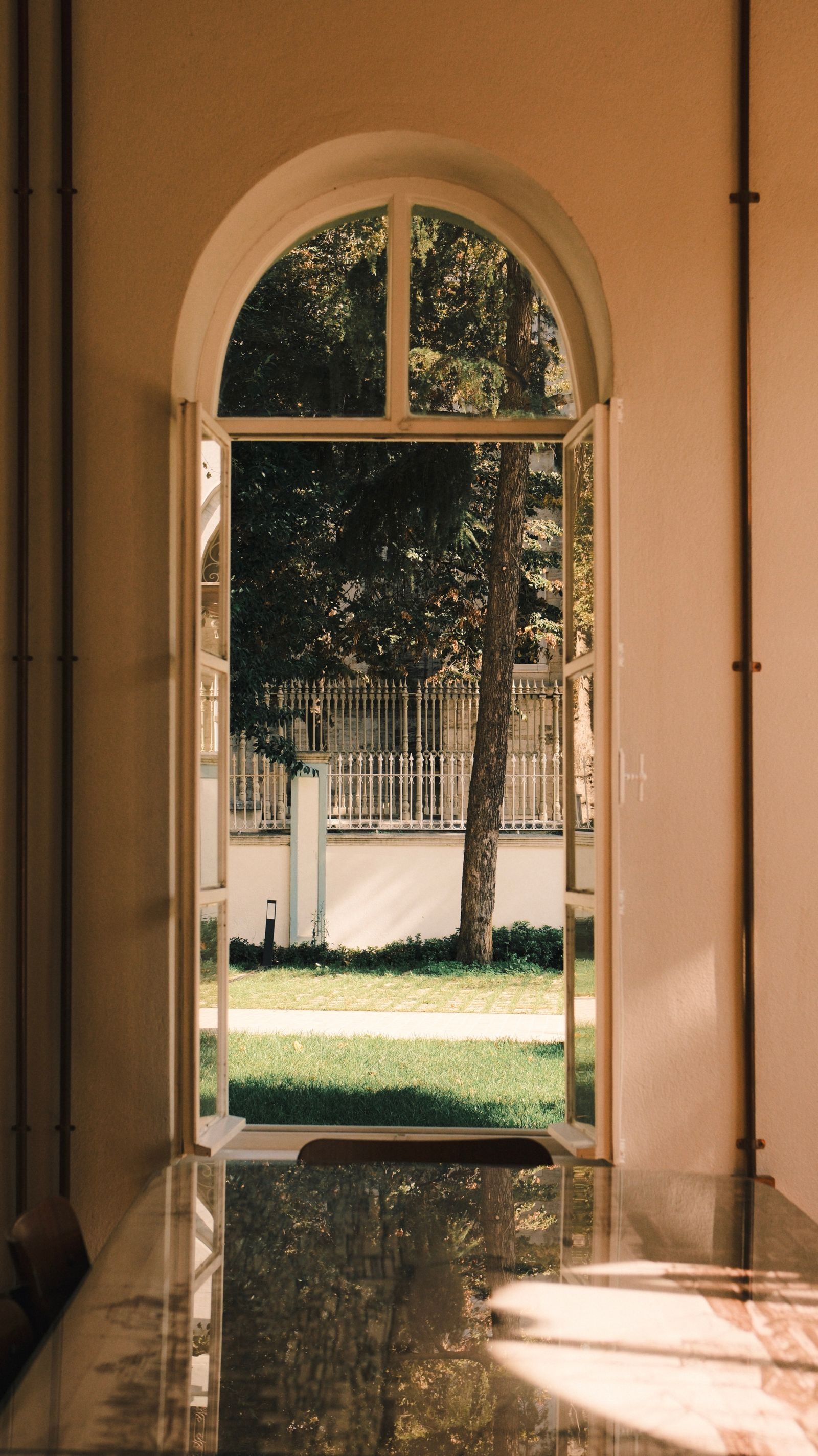 Glazed double doors opening from a dining room onto a garden